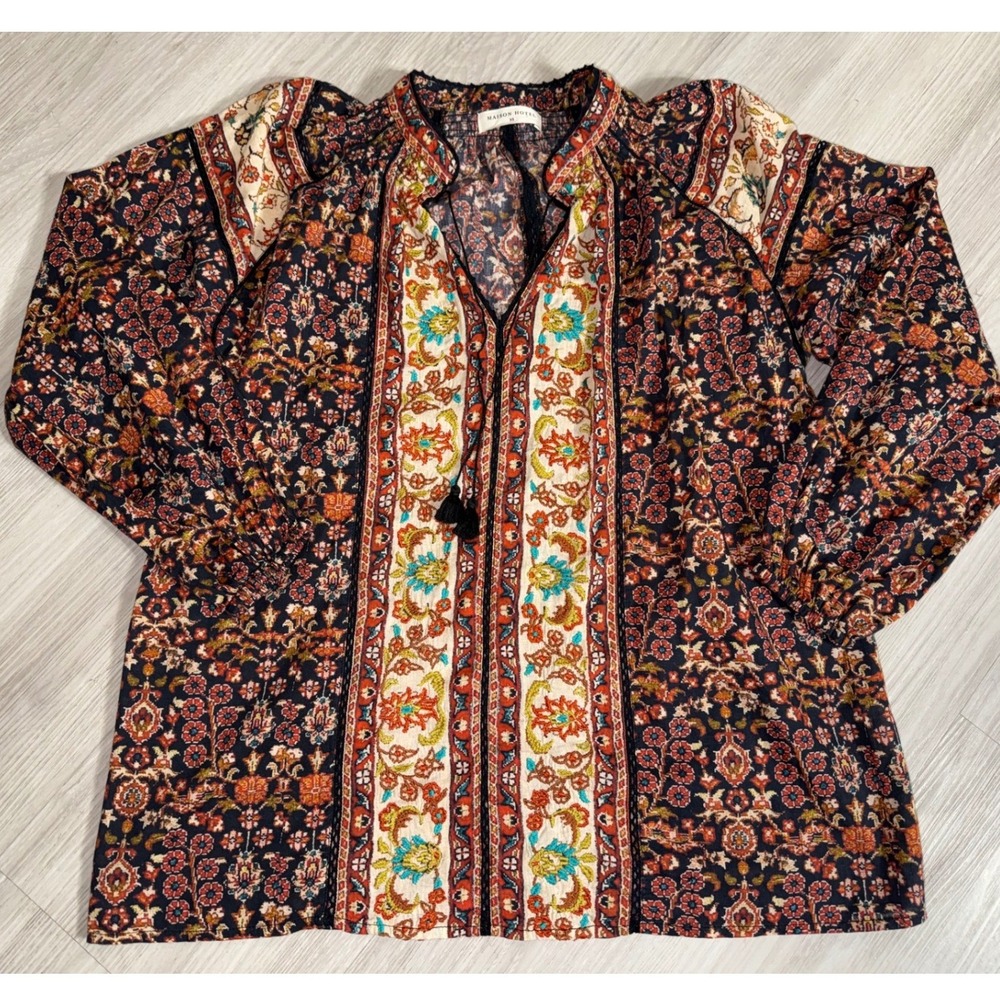 Maison Hotel Boho Floral Tapestry Print Cotton Tassel Blouse XS Womens Top